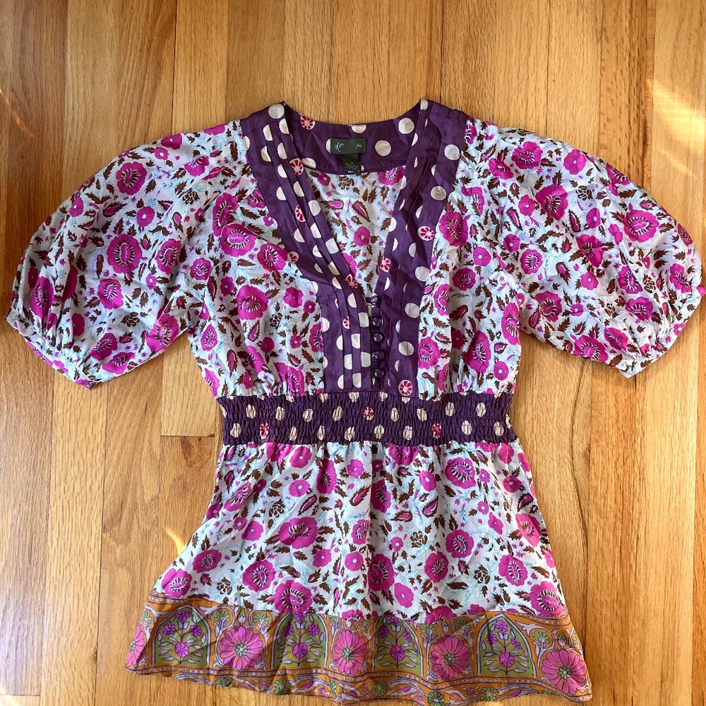 Anthropologie Floral Peplum Silk Top with Puffed Sleeves